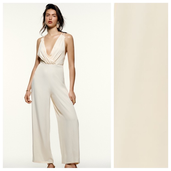 NWT. Zara Cream Crossover Satin Effect Jumpsuit. Size L. - Picture 2 of 13